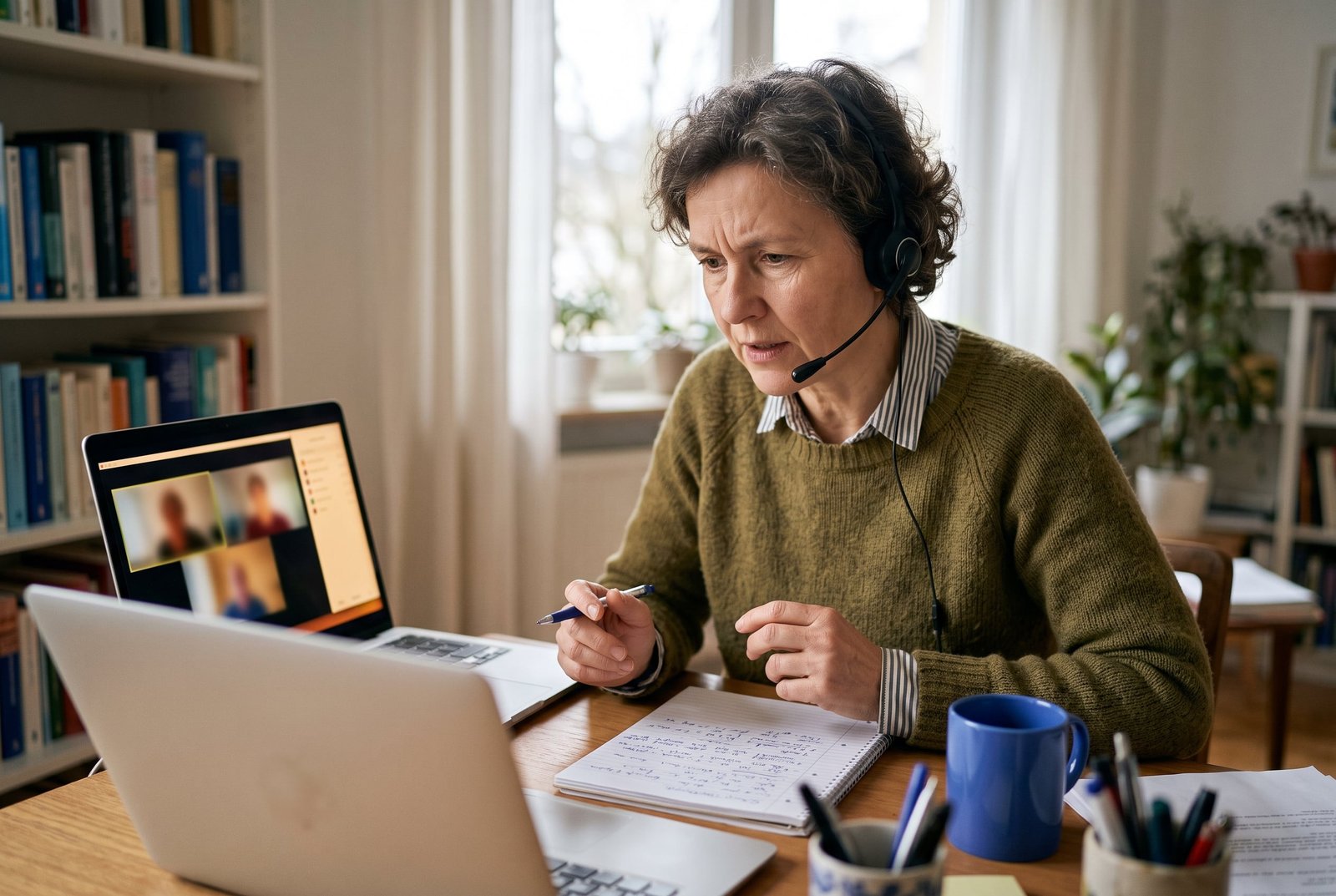 Eine Erwachsene arbeitet konzentriert in einer Live-Onlineklasse
